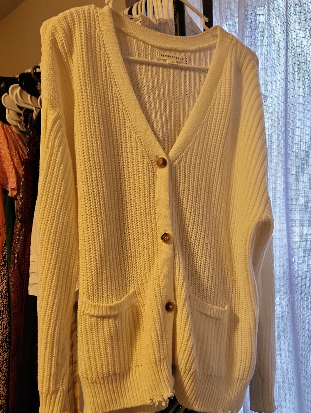 Aeropostale White Button-Up Knit Cardigan Distressed